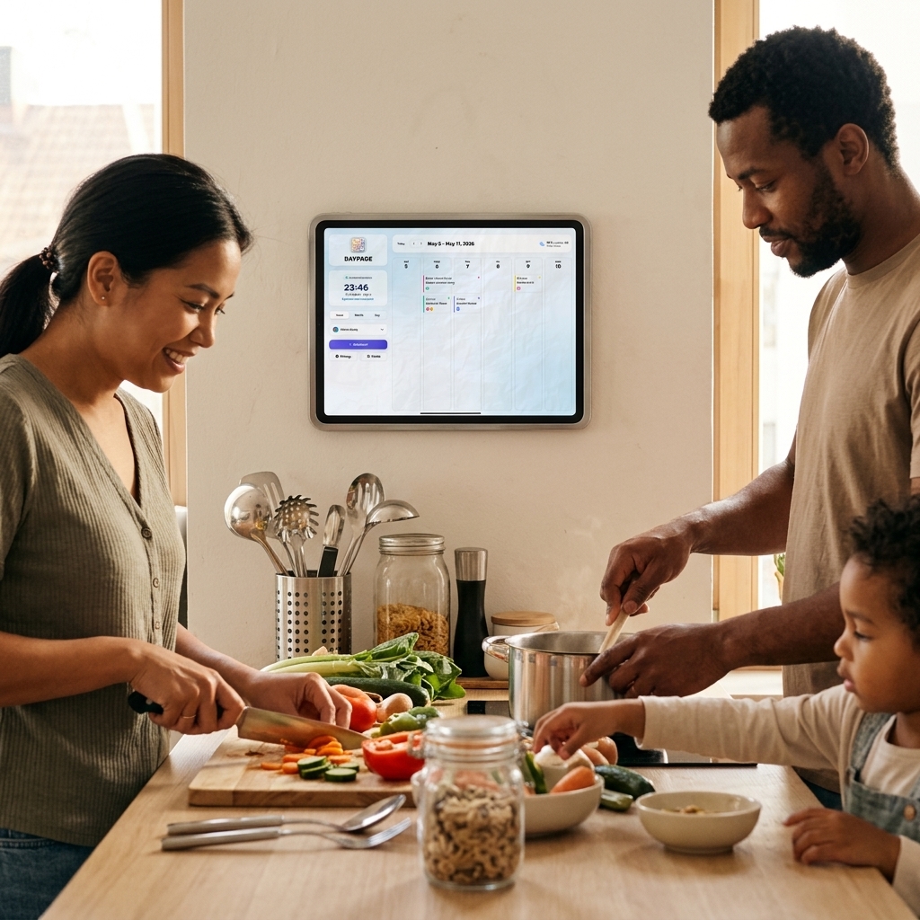 Family in modern kitchen with DAYPAGE calendar tablet visible